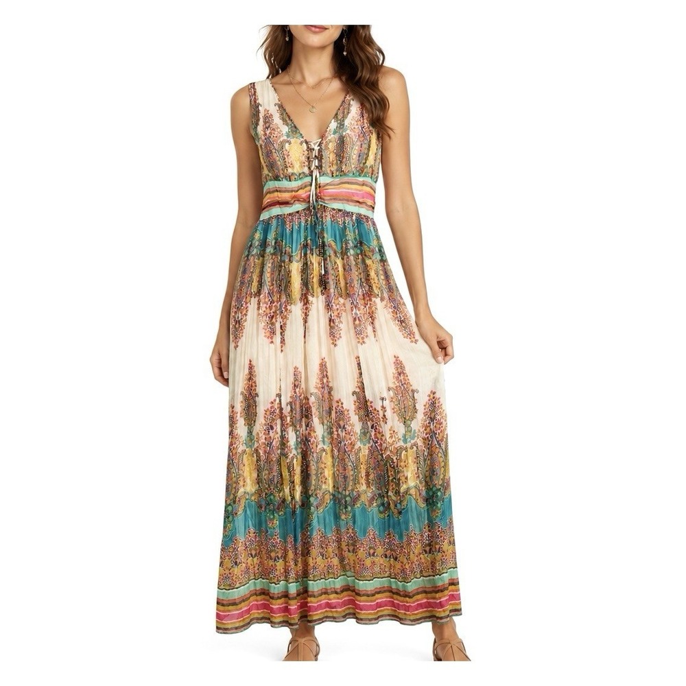 Alberto Makali Boho Maxi Dress Medium Fairy Romantic Sheer Floral Beaded Wedding